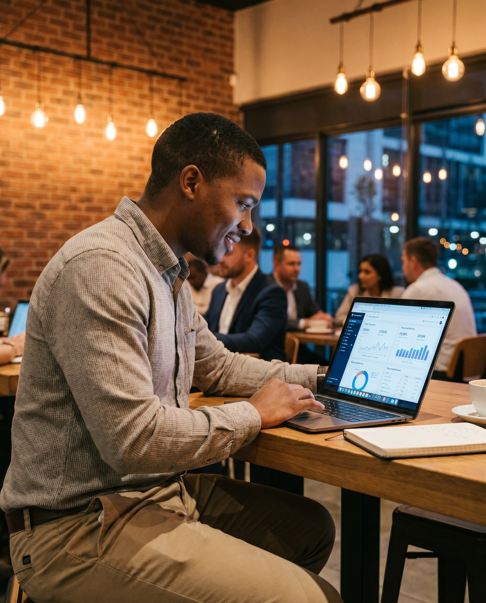 A young South African professional working on his laptop in a coworking cafe, reviewing a SaaS analytics dashboard