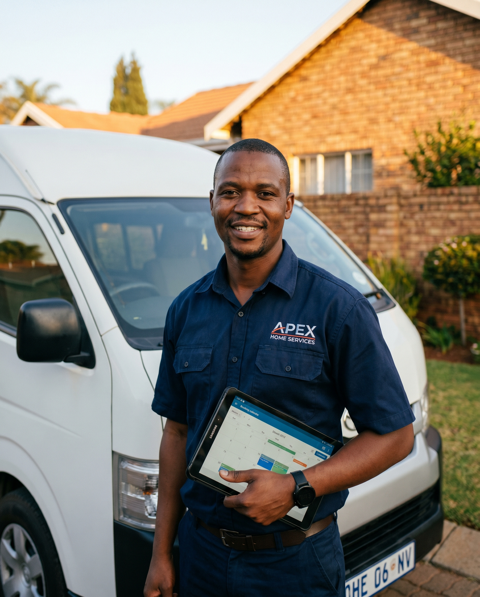 A South African service technician smiling next to his branded service van, holding a tablet showing the booking calendar