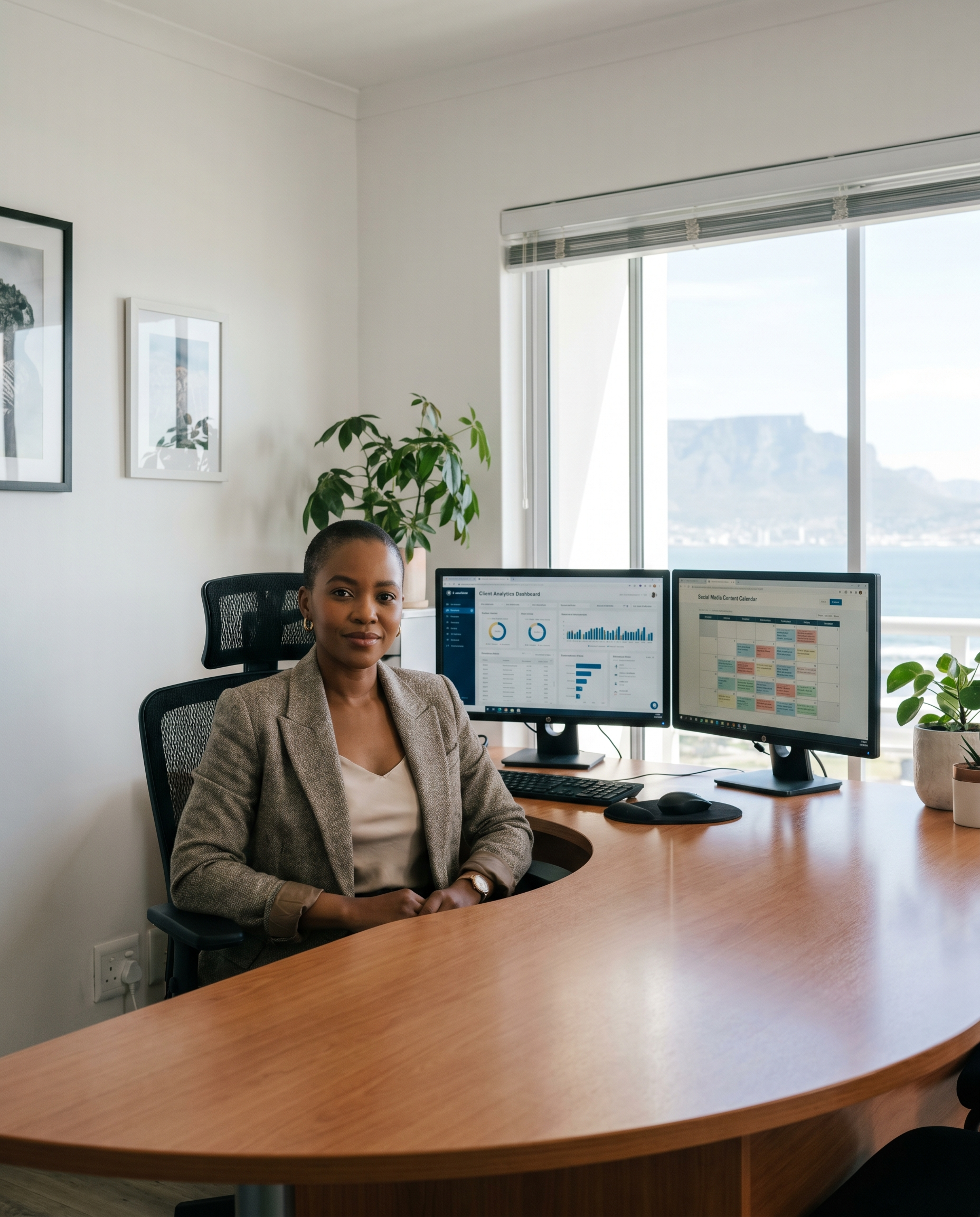A South African agency owner at her desk with dual monitors showing a client analytics dashboard and a social media content calendar
